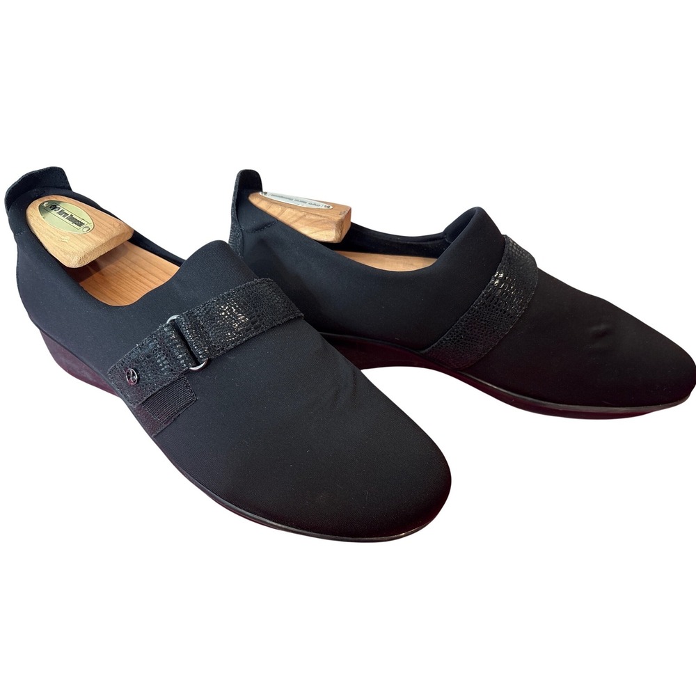 Revere Womens Black Fabric Wedge Loafers Hook Loop Strap Comfort Shoes‎ Sz 10W